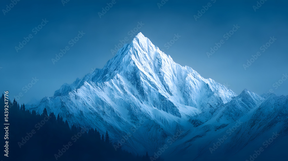Mountain at night, professional eye-catching photo with deep shadows and stars in the sky.