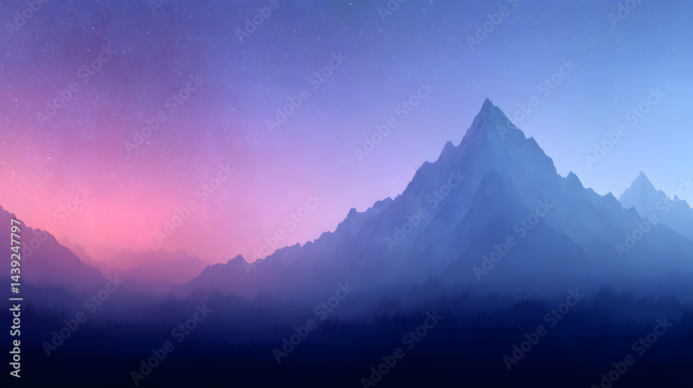 Mountain at night, professional eye-catching photo with deep shadows and stars in the sky.