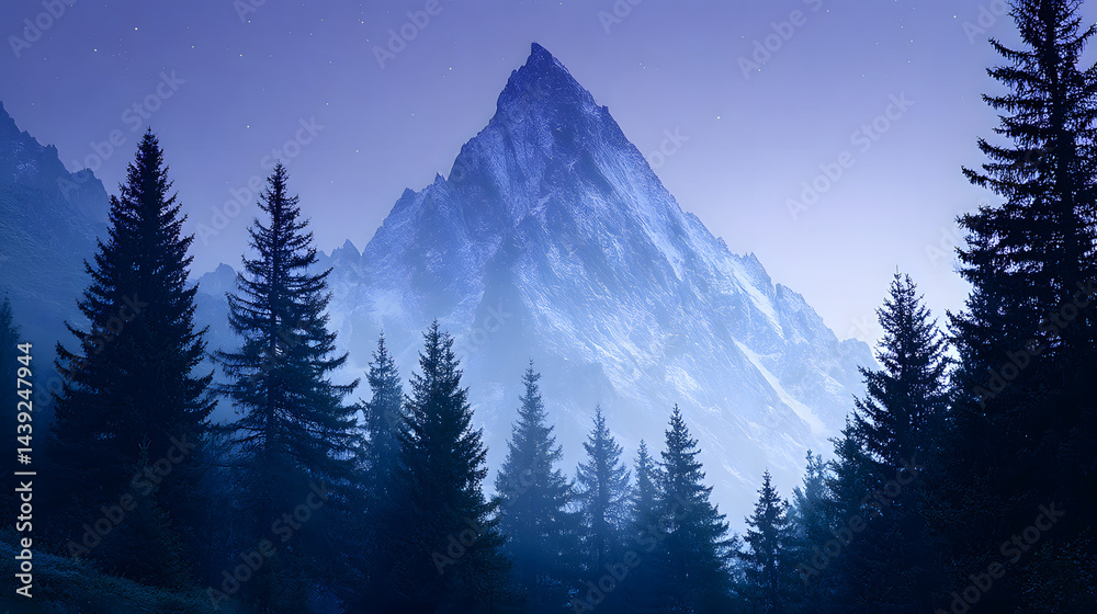 Mountain at night, professional eye-catching photo with deep shadows and stars in the sky.