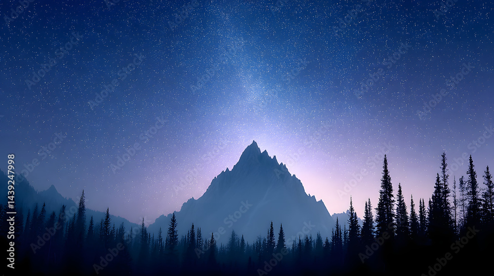 Mountain at night, professional eye-catching photo with deep shadows and stars in the sky.