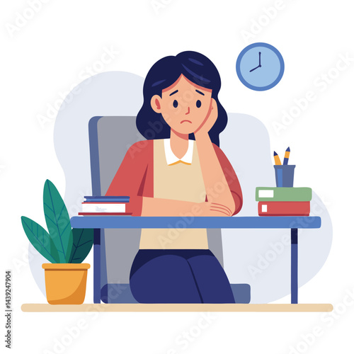 Bored woman sitting at desk. Tired sad office worker. Procrastination, burnout and boredom concept. Depressed upset exhausted lazy student. Flat vector illustration isolated on white background