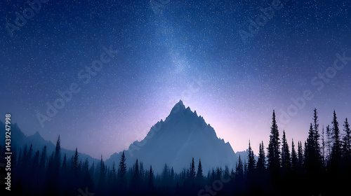 Mountain at night, professional eye-catching photo with deep shadows and stars in the sky.

