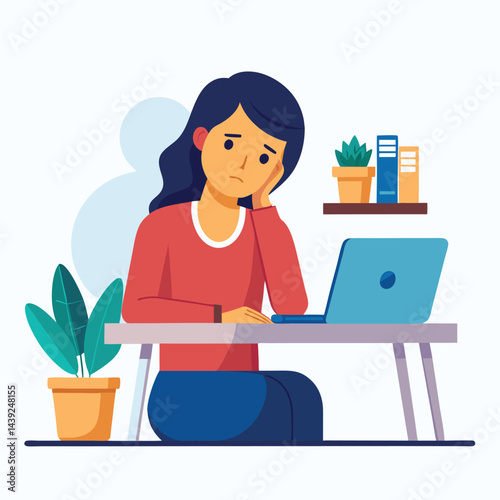 Bored woman sitting at desk. Tired sad office worker. Procrastination, burnout and boredom concept. Depressed upset exhausted lazy student. Flat vector illustration isolated on white background
