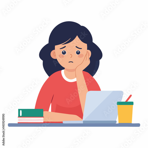 Bored woman sitting at desk. Tired sad office worker. Procrastination, burnout and boredom concept. Depressed upset exhausted lazy student. Flat vector illustration isolated on white background