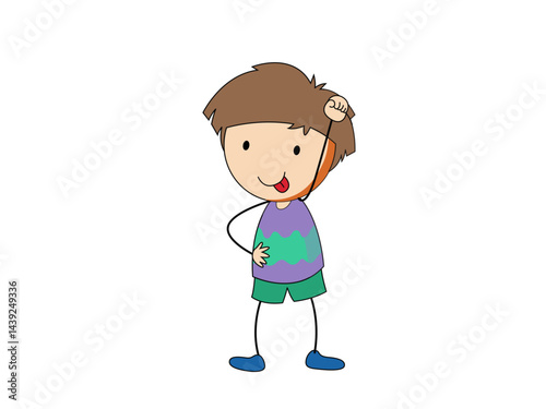 Cartoon Boy Touching Belly While Dancing in Black Background Scene