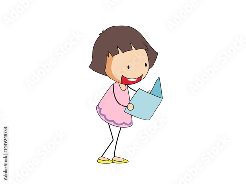 A Smiling Girl with Brown Hair Reading a Book