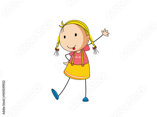 Cartoon Girl With Braids Having Fun And Posing Waving