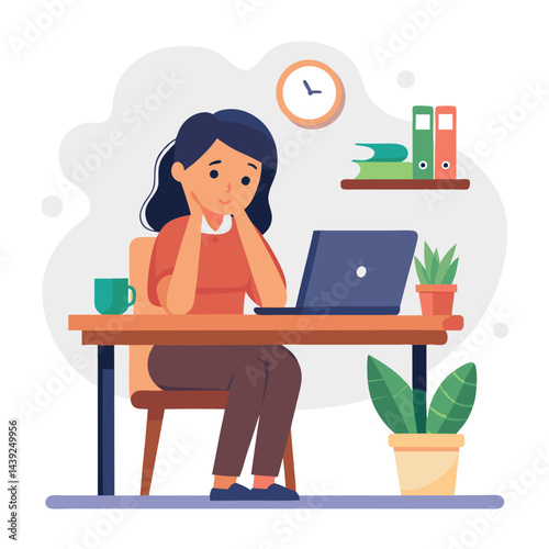 Bored woman sitting at desk. Tired sad office worker. Procrastination, burnout and boredom concept. Depressed upset exhausted lazy student. Flat vector illustration isolated on white background