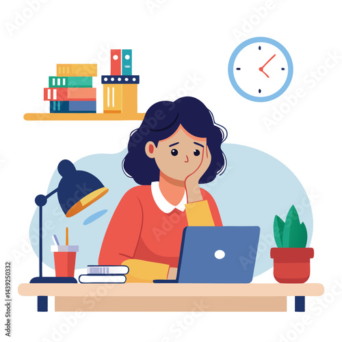 Bored woman sitting at desk. Tired sad office worker. Procrastination, burnout and boredom concept. Depressed upset exhausted lazy student. Flat vector illustration isolated on white background