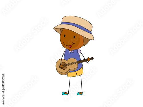 Cheerful Cartoon Boy Playing Guitar with Straw Hat