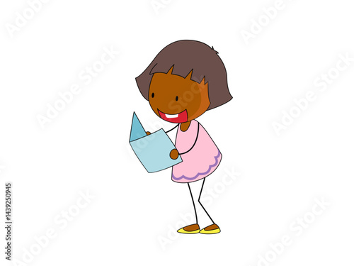 Cute Girl Reads a Book and Smiles on Black Background