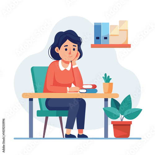 Bored woman sitting at desk. Tired sad office worker. Procrastination, burnout and boredom concept. Depressed upset exhausted lazy student. Flat vector illustration isolated on white background