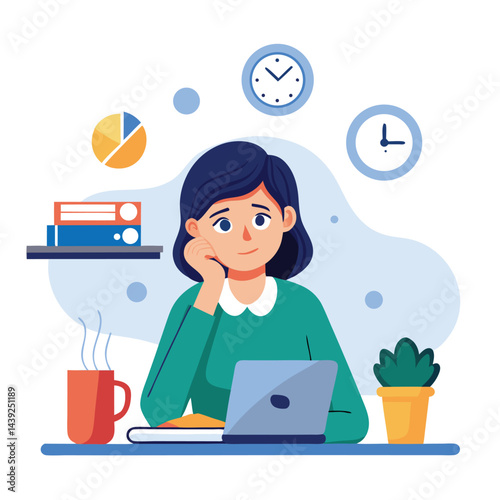 Bored woman sitting at desk. Tired sad office worker. Procrastination, burnout and boredom concept. Depressed upset exhausted lazy student. Flat vector illustration isolated on white background