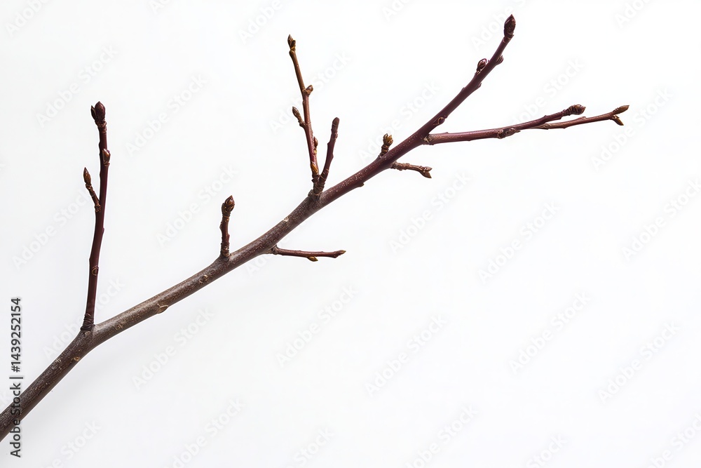 Bare branch with budding twigs against a clean white background, symbolizing early spring Bare branch with budding twigs against a clean white background, symbolizing early spring