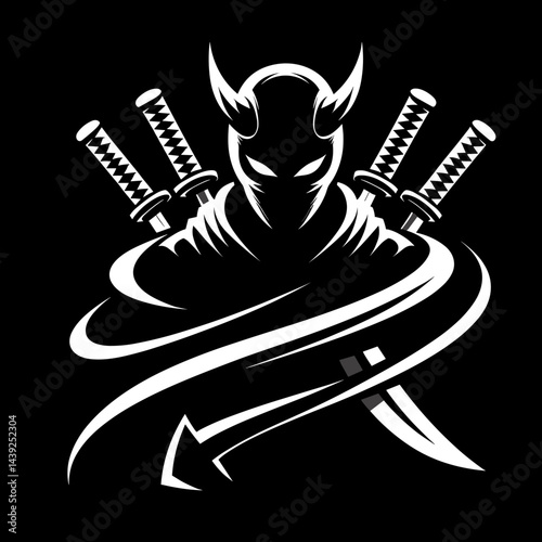 Ninja Warrior Silhouette with Swords Against Black Background  