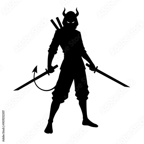 Ninja Warrior Silhouette Holding Dual Swords Against White Background  