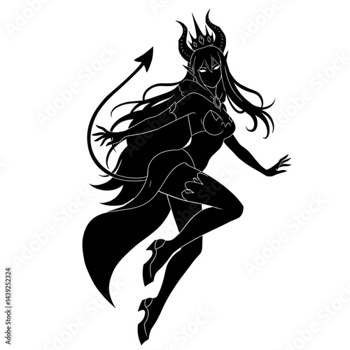 Silhouette of a seductive female demon with crown and tail  