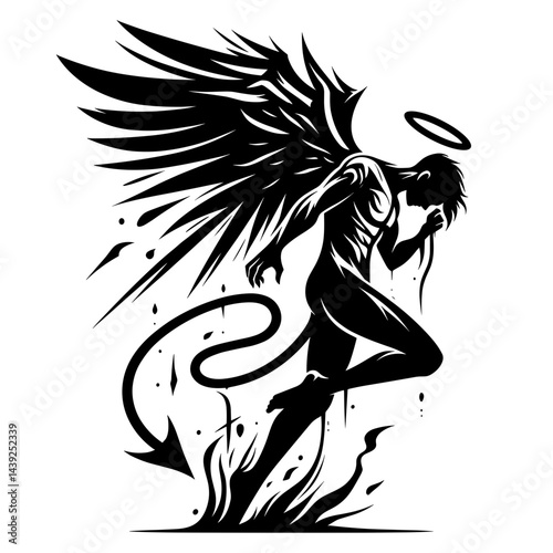 Fallen angel with wings, expressing emotion, surrounded by flames  