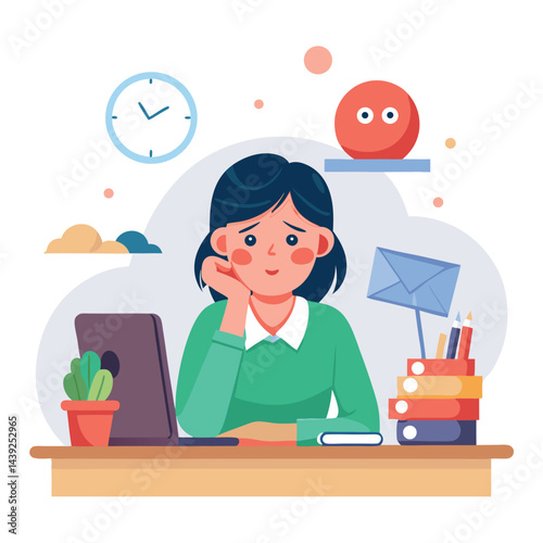 Bored woman sitting at desk. Tired sad office worker. Procrastination, burnout and boredom concept. Depressed upset exhausted lazy student. Flat vector illustration isolated on white background