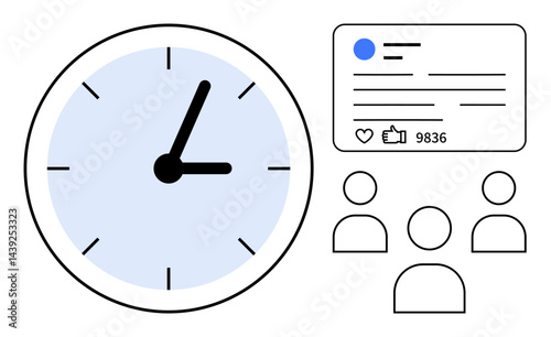 Clock face emphasizing time, a social media card with thumbs ups and comments, and team icons symbolize productivity, engagement, scheduling, focus, teamwork, digital marketing, simple landing page
