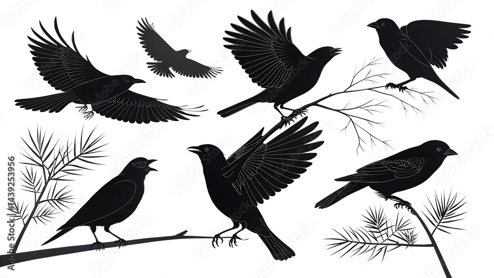 Obraz premium Bird doodle set. Birds hand drawn collection. Cute hand drawn bird doodles. Black on white drawing