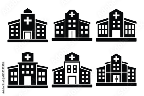 Medical icon hospital building sign. Hospital building for emergency urgent care flat icon silhouette set