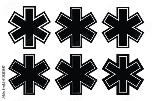 Paramedic star symbol, also known as the Star of Life icon silhouette set in white background.