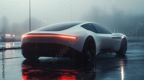 A futuristic waterless car wash system cleaning an electric car with precision jets 