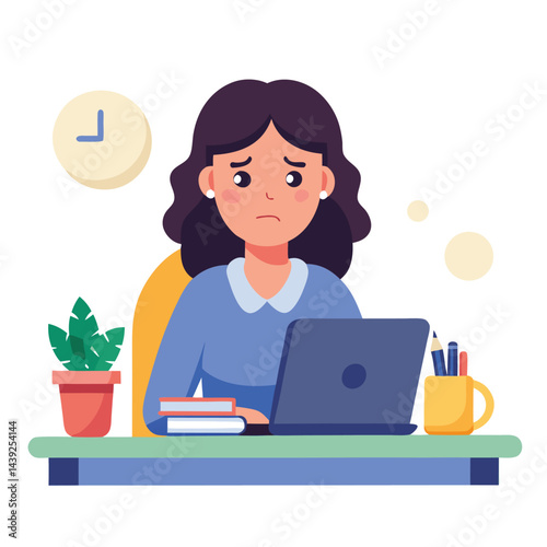 Bored woman sitting at desk. Tired sad office worker. Procrastination, burnout and boredom concept. Depressed upset exhausted lazy student. Flat vector illustration isolated on white background
