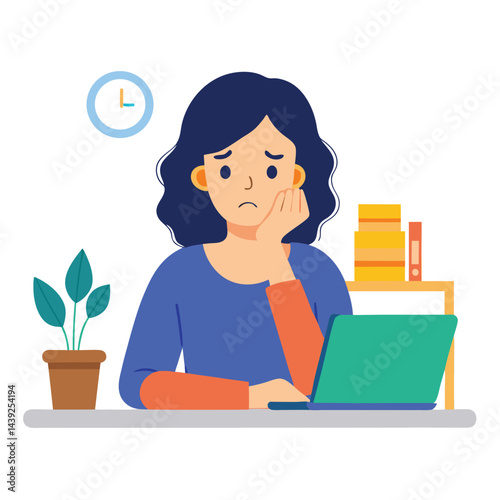 Bored woman sitting at desk. Tired sad office worker. Procrastination, burnout and boredom concept. Depressed upset exhausted lazy student. Flat vector illustration isolated on white background