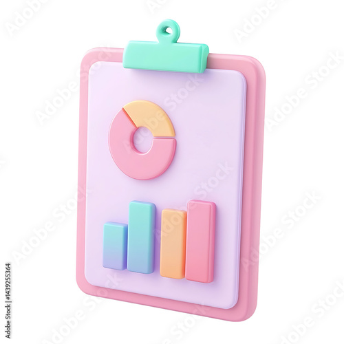 3d render pink and blue pastel dashboard report clipboard paper Data analytics, SEO optimization , report pie chart on white background
