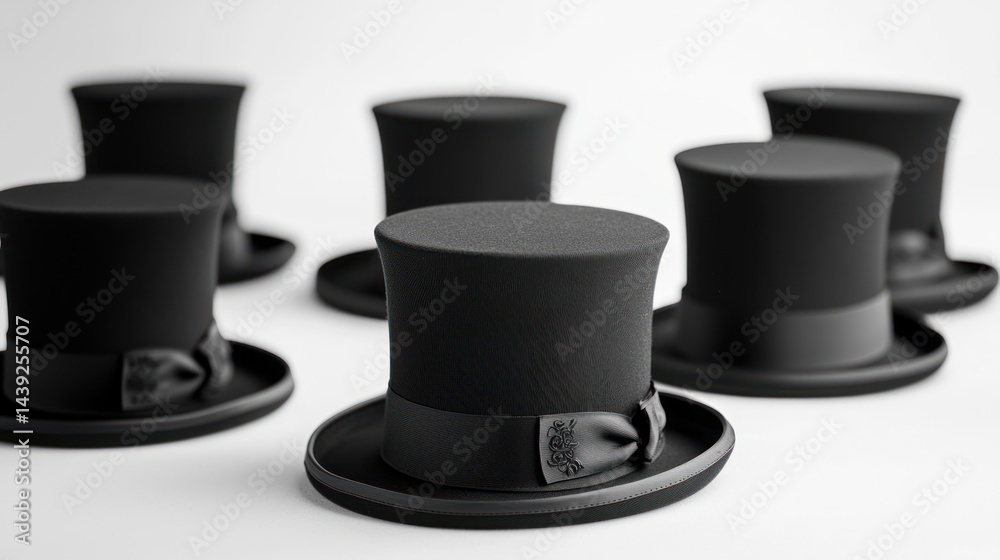 Group of matte black top hats with subtle decorative elements on white background. Group of matte black top hats with subtle decorative elements on white background.