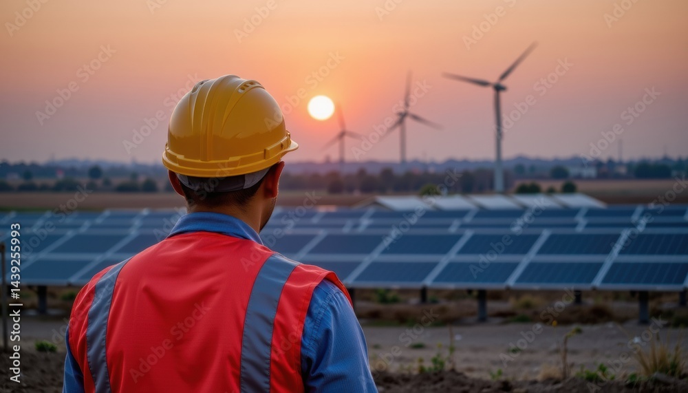 Engineer observing solar panels and wind turbines at sunset Engineer observing solar panels and wind turbines at sunset