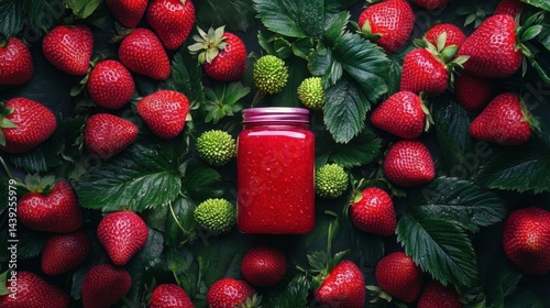 Strawberry jam in jar surrounded by berries and foliage creates a vibrant scene. Use it for food blogs, recipes, or healthy lifestyle marketing materials.