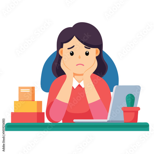 Bored woman sitting at desk. Tired sad office worker. Procrastination, burnout and boredom concept. Depressed upset exhausted lazy student. Flat vector illustration isolated on white background