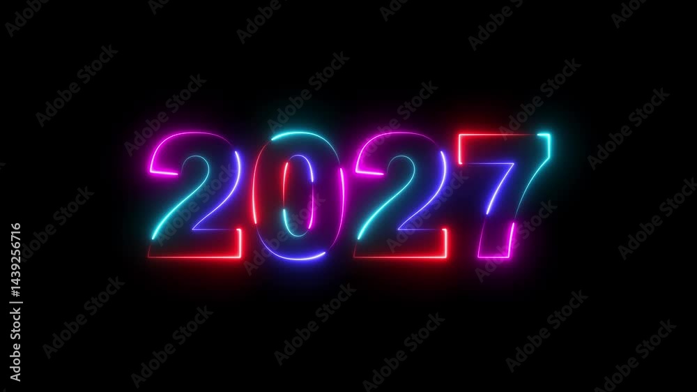 2027 neon line text. Abstract 2027 neon text animation, Glowing neon number text background. Four color Glowing neon line number text background 4k video animation, happy new year 2027 animated 