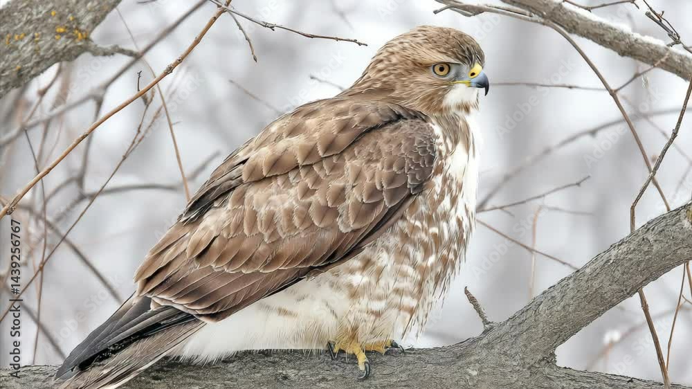 Hawk perched quietly on a branch in a cold, wintry landscape showcasing its detailed feathers and keen expression Hawk perched quietly on a branch in a cold, wintry landscape showcasing its detailed feathers and keen expression
