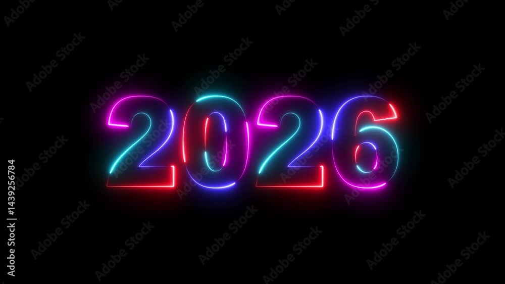 2026 neon line text. Abstract 2026 neon text animation, Glowing neon number text background. Four color Glowing neon line number text background 4k video animation, happy new year 2026 animated 