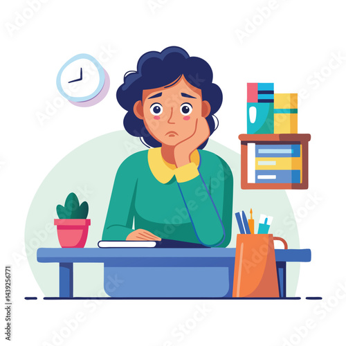 Bored woman sitting at desk. Tired sad office worker. Procrastination, burnout and boredom concept. Depressed upset exhausted lazy student. Flat vector illustration isolated on white background