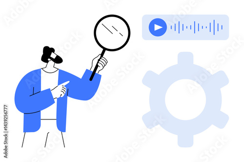 Man holding a magnifying glass examining audio waveform and cog, symbolizing analysis, technology, and search. Ideal for innovation, research, technology, media, process creativity flat simple