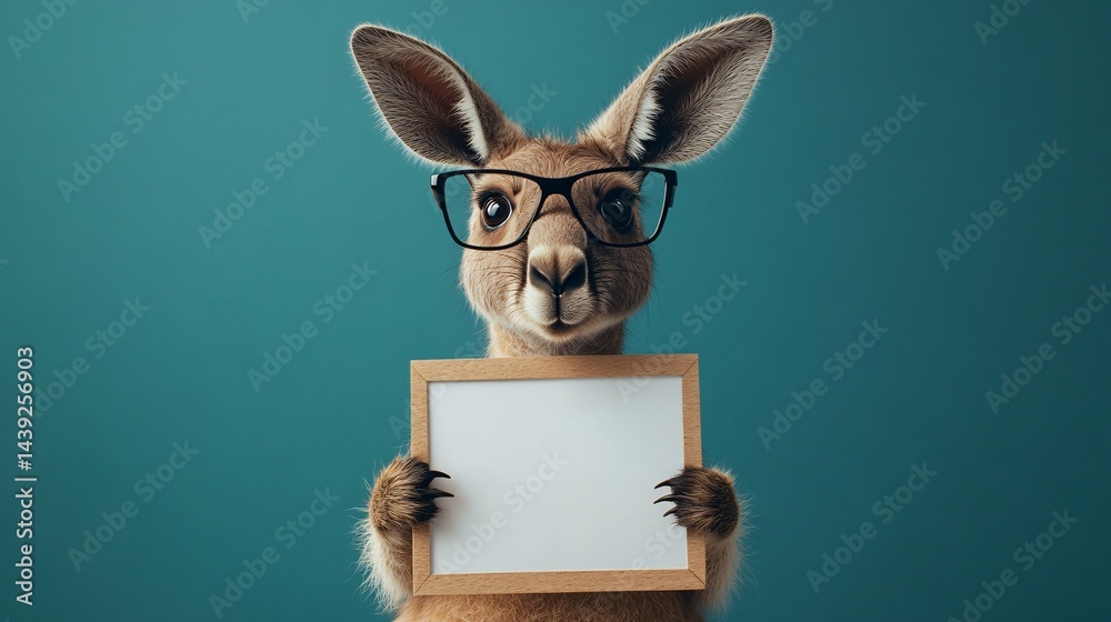 Obraz premium Australian Kangaroo With Glasses Holding a Blank Sign Template Suitable For Your Message or Text on Isolated Blue Background