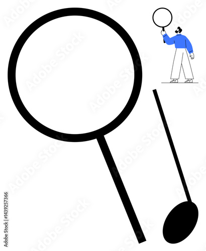 Man holding oversized magnifying glass, emphasizing research and observation. Ideal for discovery, exploration, analysis, focus, investigation, search, simple landing page