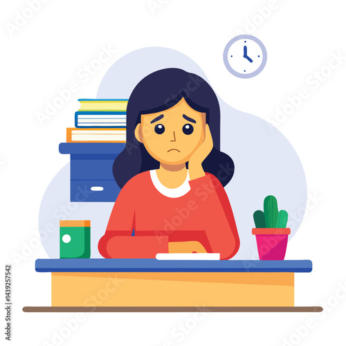 Bored woman sitting at desk. Tired sad office worker. Procrastination, burnout and boredom concept. Depressed upset exhausted lazy student. Flat vector illustration isolated on white background