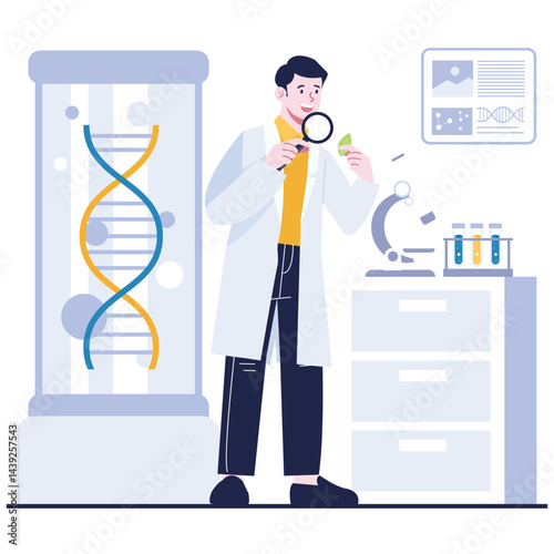 Science Research Illustration. Vector illustration of A male scientist examining a plant sample under a magnifying glass in a laboratory with DNA and research equipment. Isolated on background