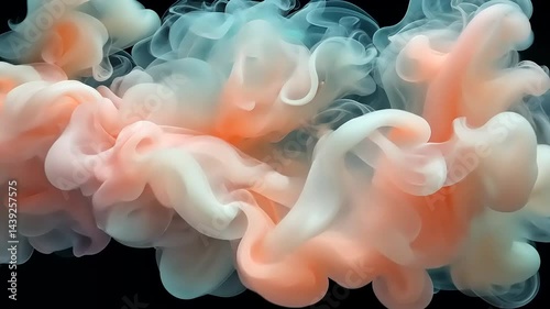 Abstract Peach Teal and White Ink Swirls on Black Background