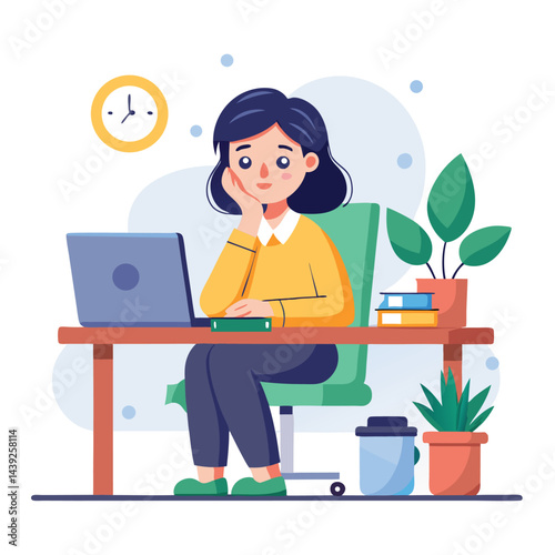 Bored woman sitting at desk. Tired sad office worker. Procrastination, burnout and boredom concept. Depressed upset exhausted lazy student. Flat vector illustration isolated on white background