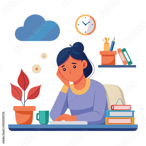 Bored woman sitting at desk. Tired sad office worker. Procrastination, burnout and boredom concept. Depressed upset exhausted lazy student. Flat vector illustration isolated on white background