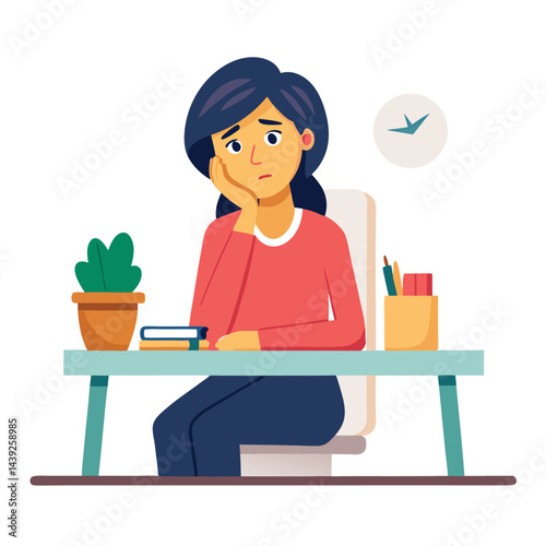 Bored woman sitting at desk. Tired sad office worker. Procrastination, burnout and boredom concept. Depressed upset exhausted lazy student. Flat vector illustration isolated on white background