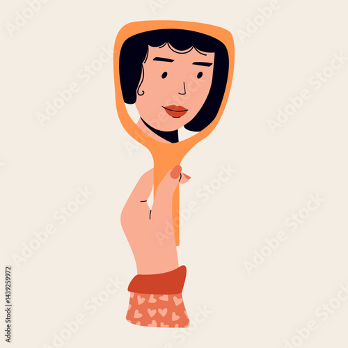 Hand holding mirror. Woman looking in mirror at herself, girl face reflection in mirrors, cartoon woman character with confidence and positive self acceptance. Vector flat illustration