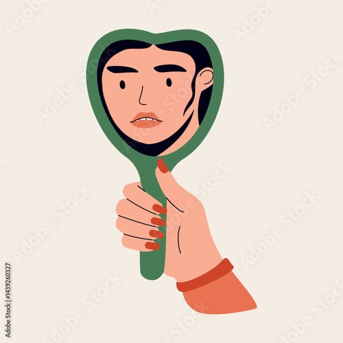 Hand holding mirror. Woman looking in mirror at herself, female face reflection in mirrors, cartoon woman character with confidence and positive self acceptance. Vector flat illustration
